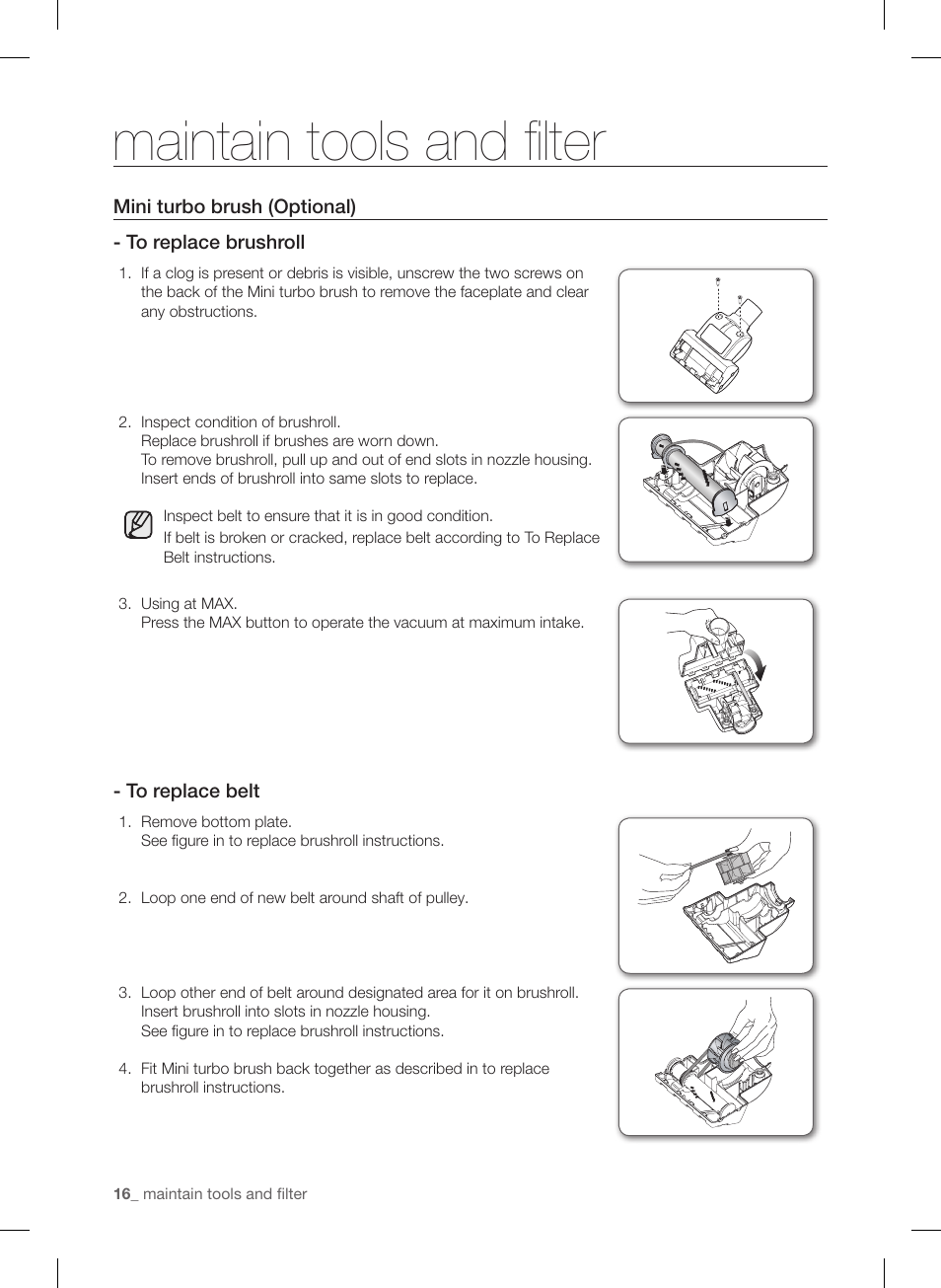Maintain tools and filter | Samsung VC12F50PRJC-AA User Manual | Page 16 / 72