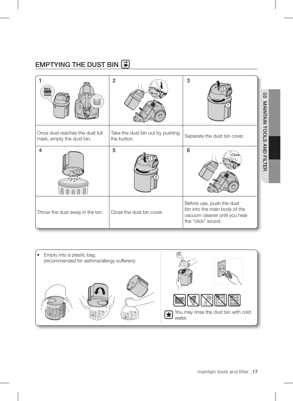 Emptying the dust bin | Samsung VC12F50PRJC-AA User Manual | Page 17 / 72