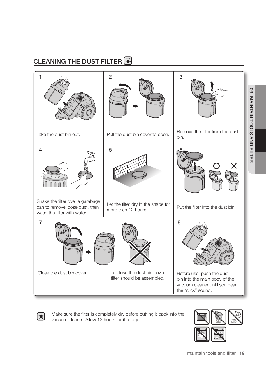 Cleaning the dust filter | Samsung VC12F50PRJC-AA User Manual | Page 19 / 72