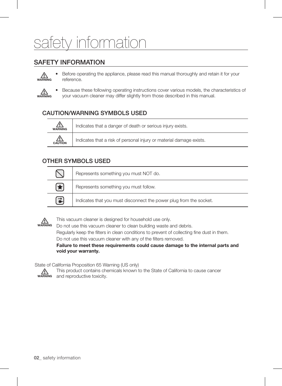 Safety information | Samsung VC12F50PRJC-AA User Manual | Page 2 / 72