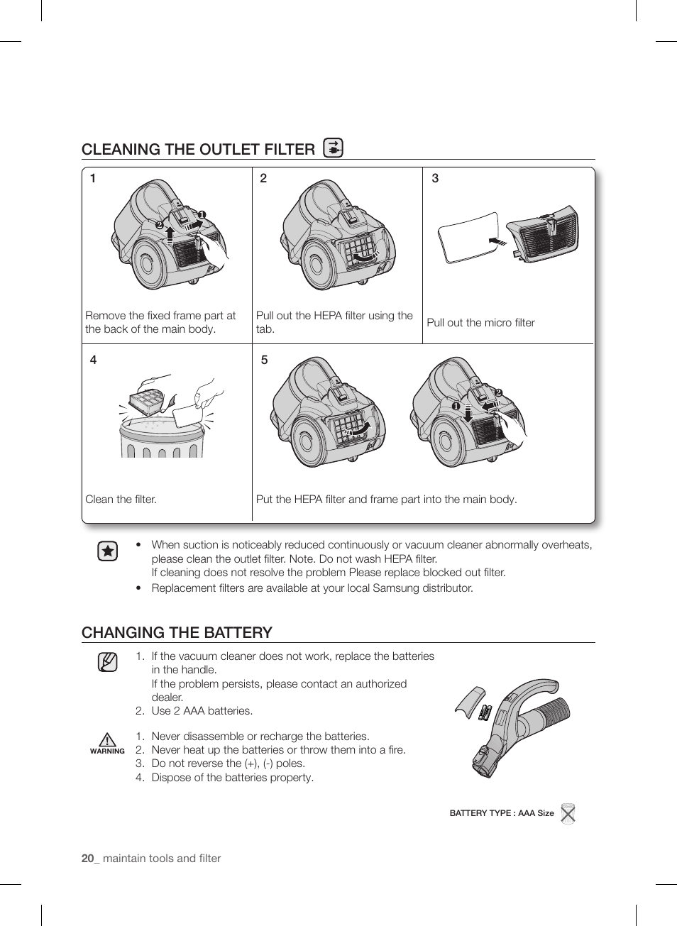 Cleaning the outlet filter, Changing the battery | Samsung VC12F50PRJC-AA User Manual | Page 20 / 72