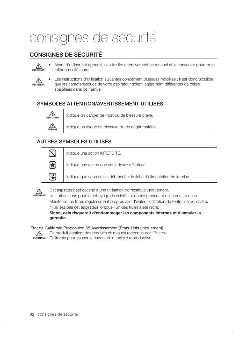 Consignes de sécurité | Samsung VC12F50PRJC-AA User Manual | Page 26 / 72