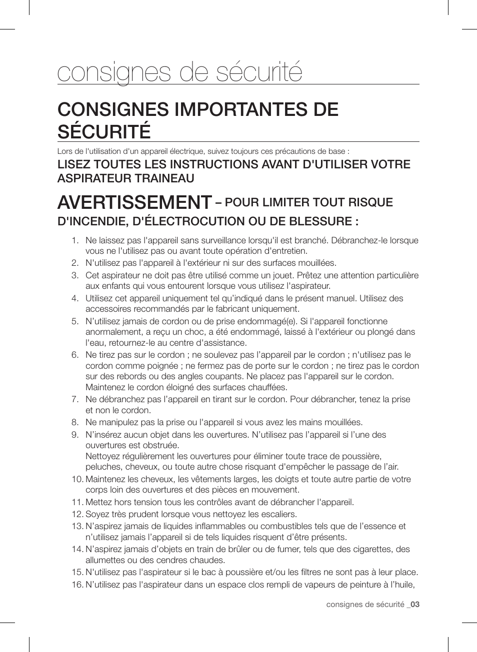 Consignes de sécurité, Consignes importantes de sécurité, Avertissement | Samsung VC12F50PRJC-AA User Manual | Page 27 / 72