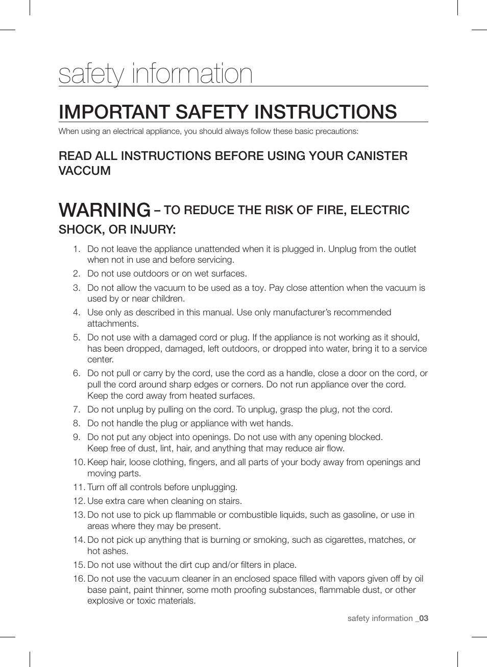 Safety information, Important safety instructions, Warning | Samsung VC12F50PRJC-AA User Manual | Page 3 / 72