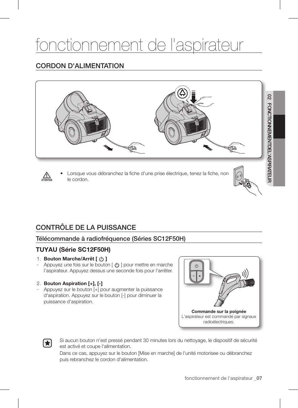 Fonctionnement de l'aspirateur, Cordon d'alimentation, Contrôle de la puissance | Samsung VC12F50PRJC-AA User Manual | Page 31 / 72