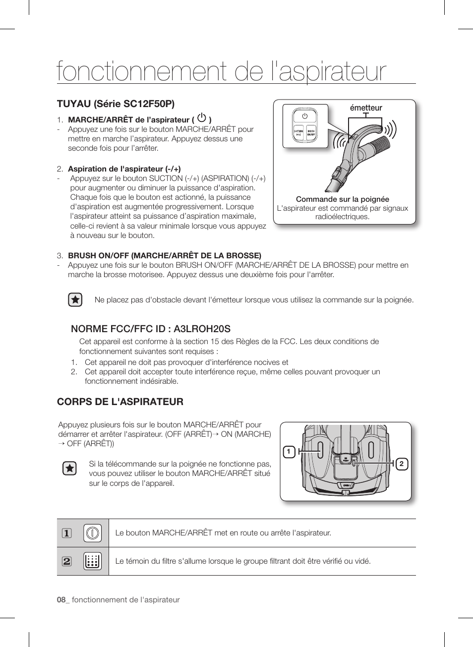 Fonctionnement de l'aspirateur | Samsung VC12F50PRJC-AA User Manual | Page 32 / 72