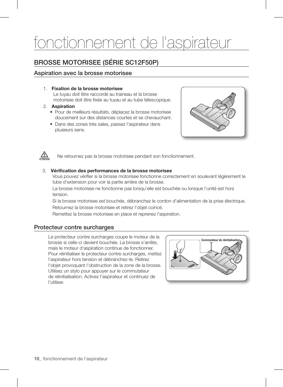Fonctionnement de l'aspirateur, Brosse motorisee (série sc12f50p) | Samsung VC12F50PRJC-AA User Manual | Page 34 / 72