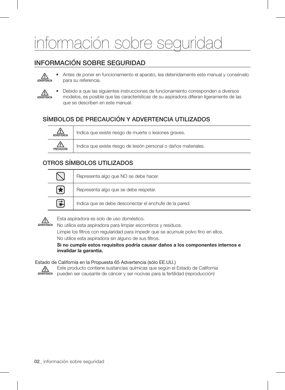 Información sobre seguridad | Samsung VC12F50PRJC-AA User Manual | Page 50 / 72