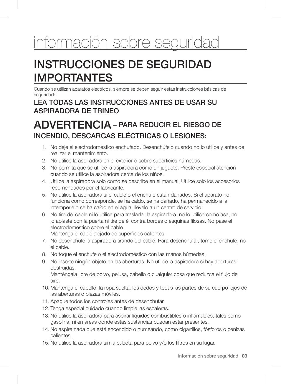 Información sobre seguridad, Instrucciones de seguridad importantes, Advertencia | Samsung VC12F50PRJC-AA User Manual | Page 51 / 72