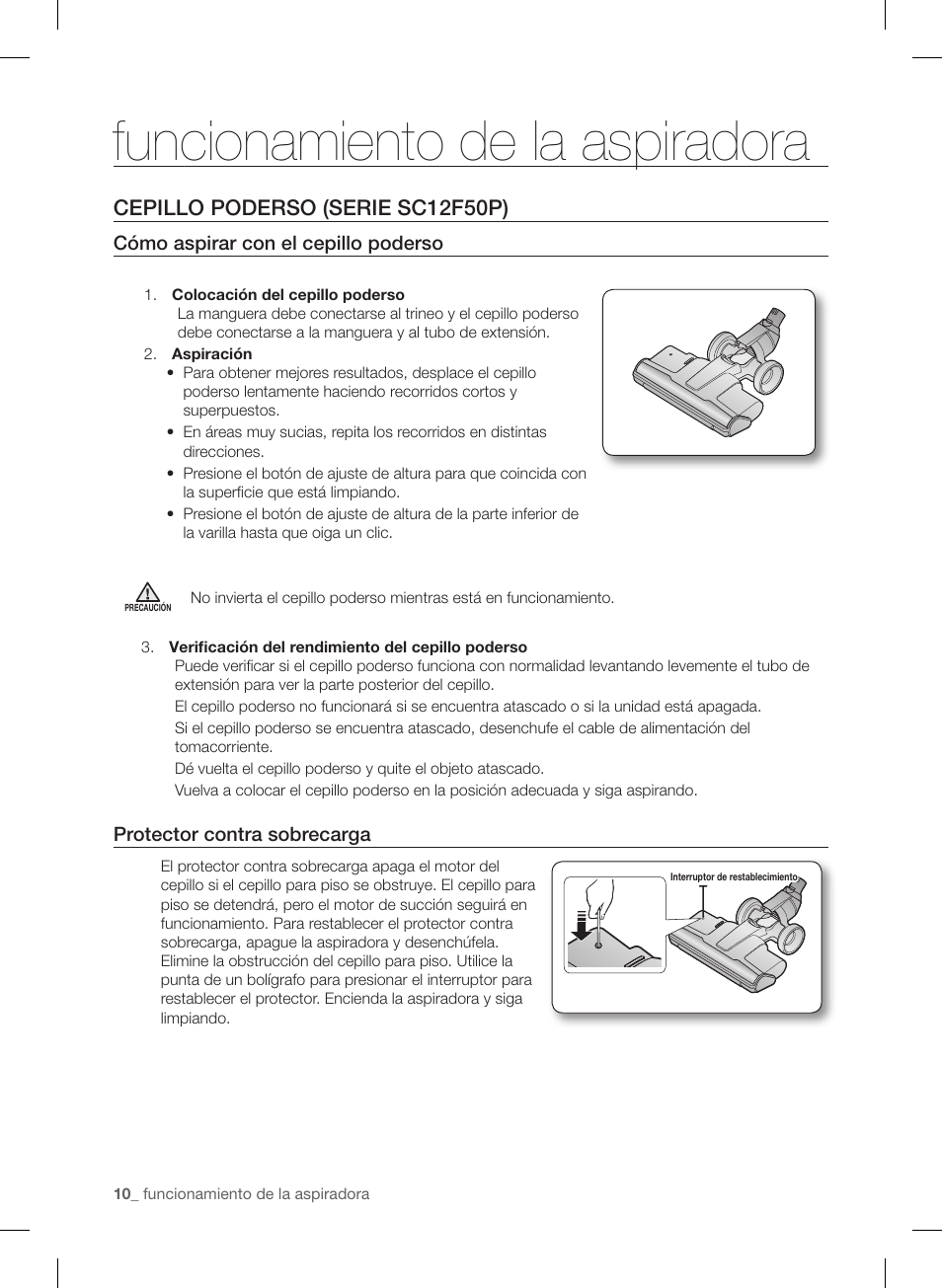 Funcionamiento de la aspiradora, Cepillo poderso (serie sc12f50p) | Samsung VC12F50PRJC-AA User Manual | Page 58 / 72