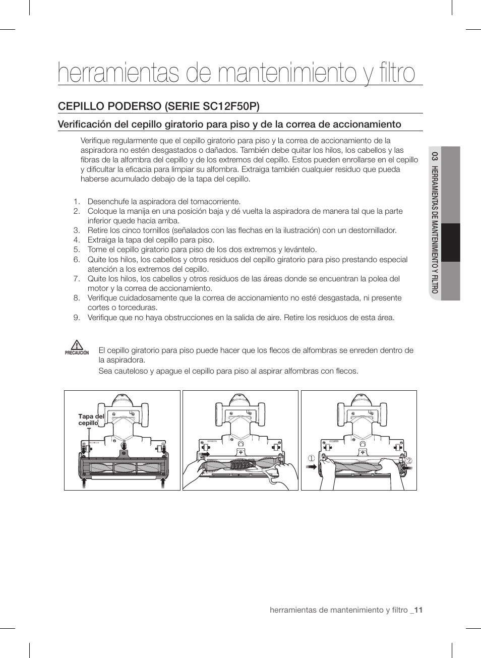 Herramientas de mantenimiento y filtro, Cepillo poderso (serie sc12f50p) | Samsung VC12F50PRJC-AA User Manual | Page 59 / 72