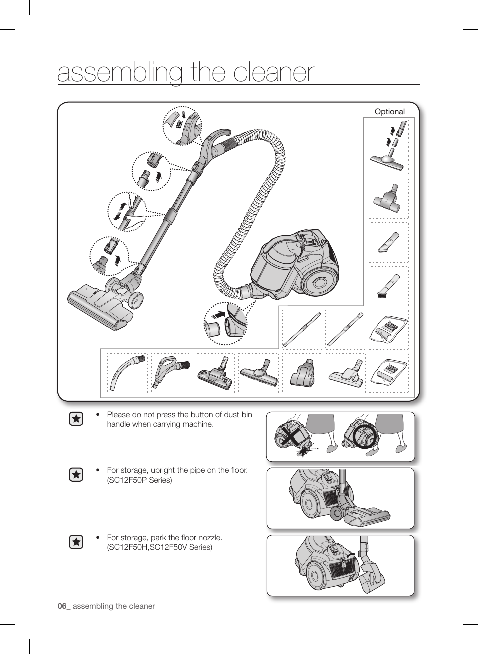 Assembling the cleaner | Samsung VC12F50PRJC-AA User Manual | Page 6 / 72