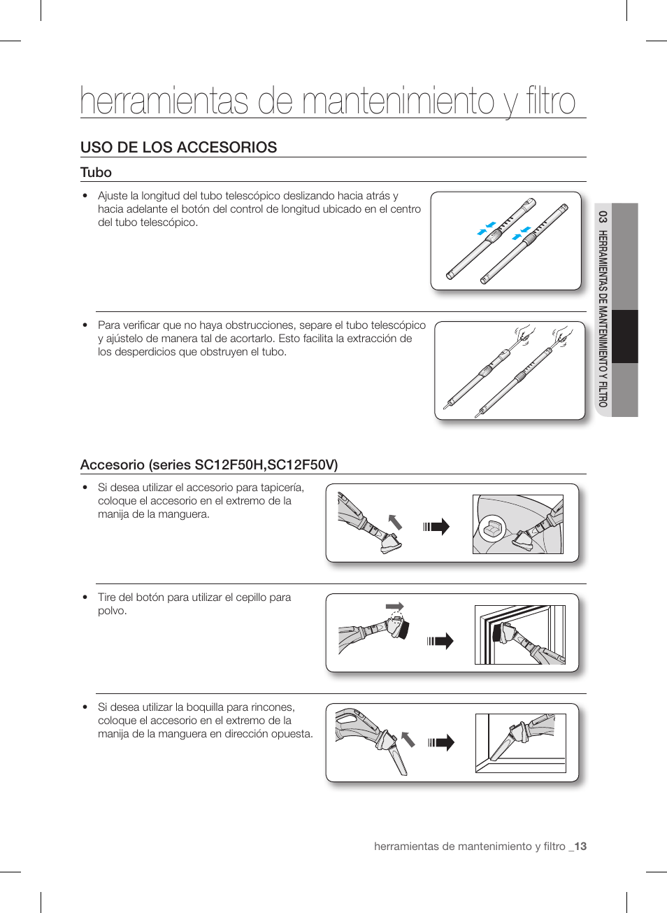Herramientas de mantenimiento y filtro, Uso de los accesorios | Samsung VC12F50PRJC-AA User Manual | Page 61 / 72