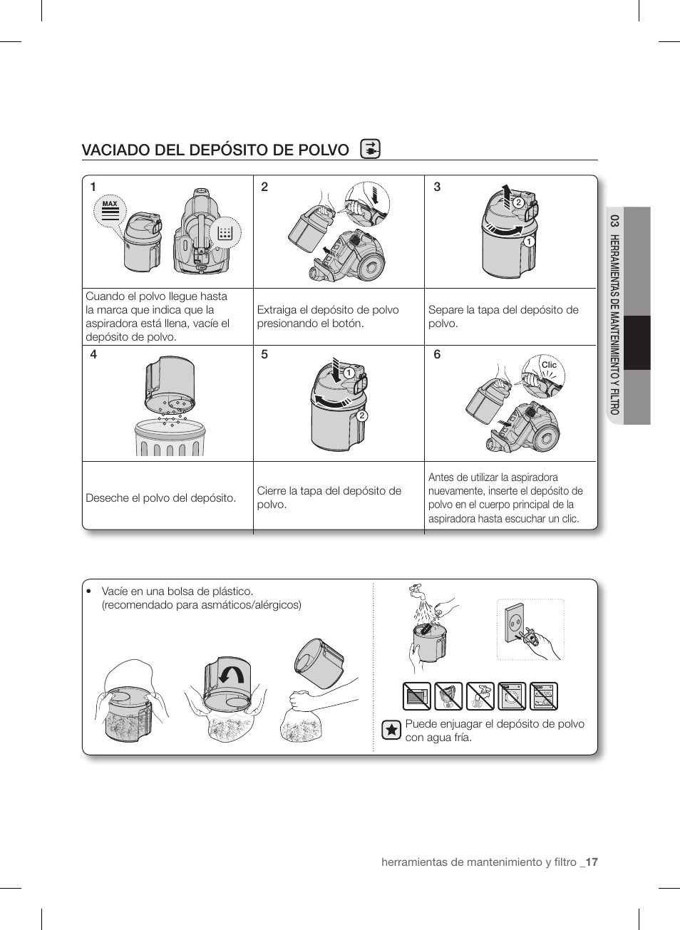 Vaciado del depósito de polvo | Samsung VC12F50PRJC-AA User Manual | Page 65 / 72