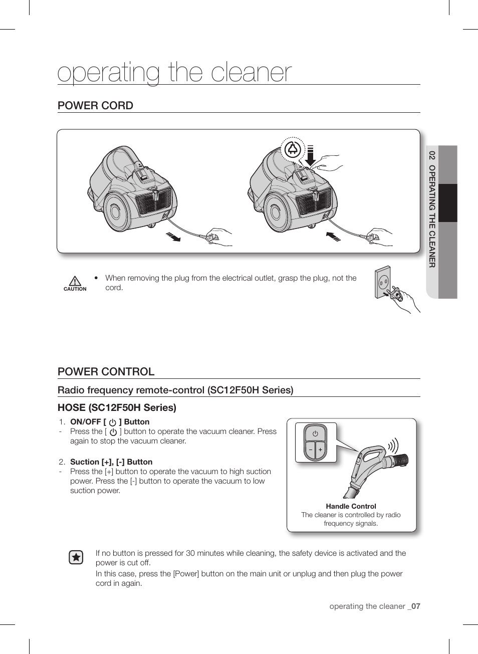 Operating the cleaner, Power cord, Power control | Samsung VC12F50PRJC-AA User Manual | Page 7 / 72