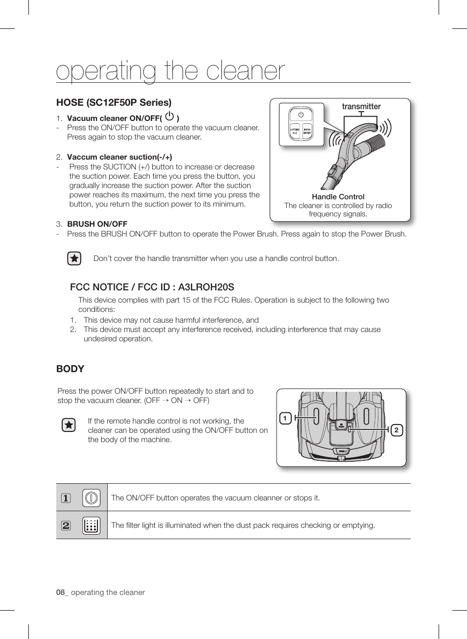 Operating the cleaner | Samsung VC12F50PRJC-AA User Manual | Page 8 / 72