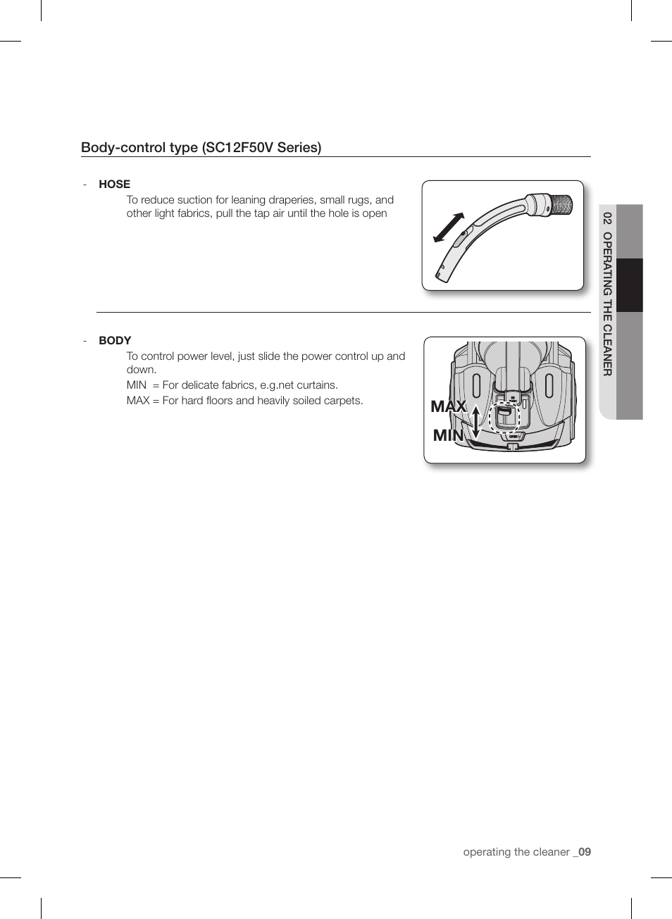 Min max min max | Samsung VC12F50PRJC-AA User Manual | Page 9 / 72