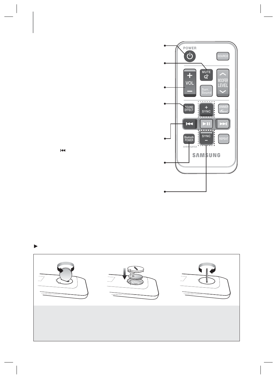 Installing the batteries in the remote control | Samsung HW-HM60-ZA User Manual | Page 10 / 23