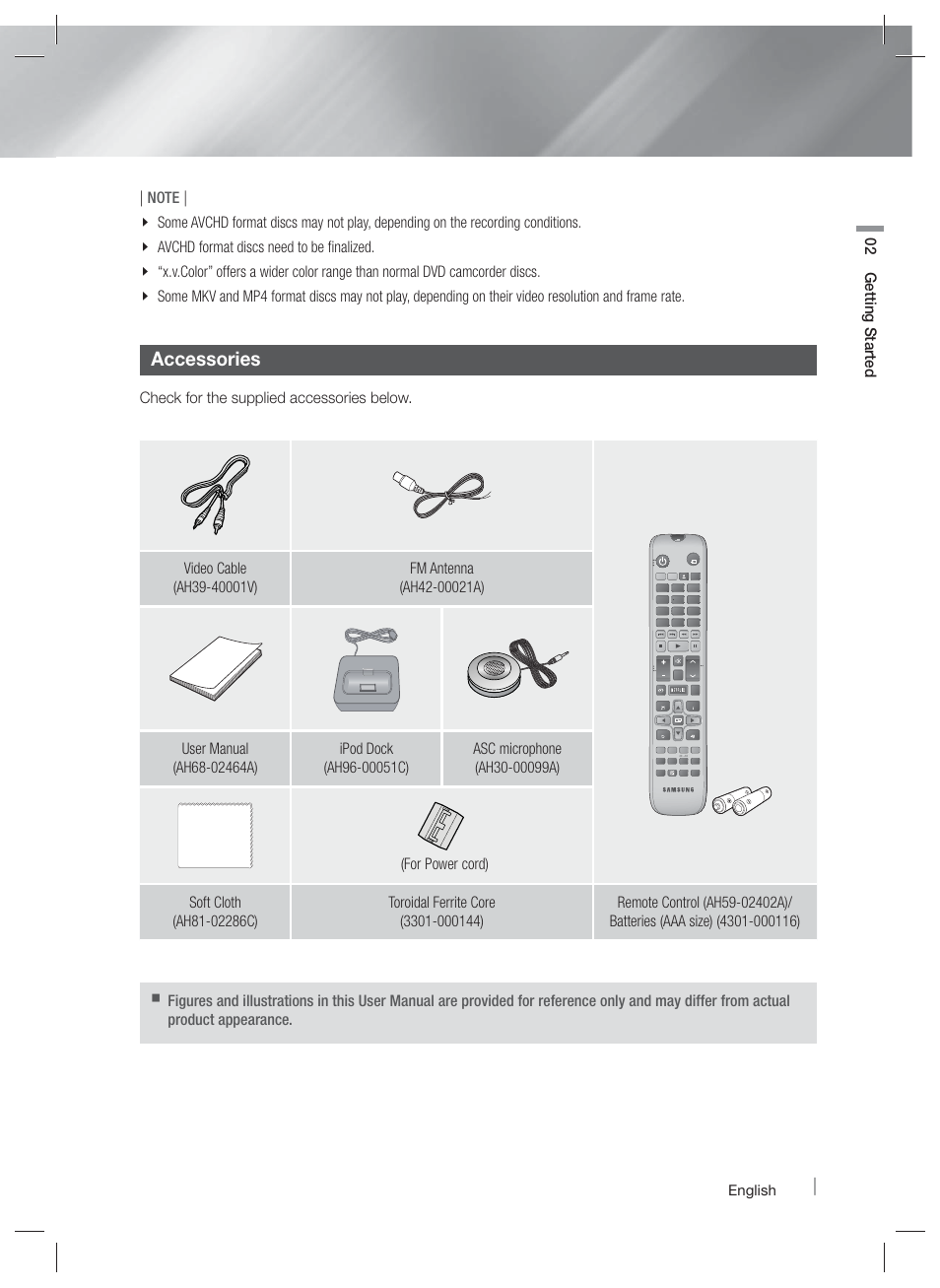 Accessories, Check for the supplied accessories below, English | Samsung HT-E6730W-ZA User Manual | Page 11 / 67