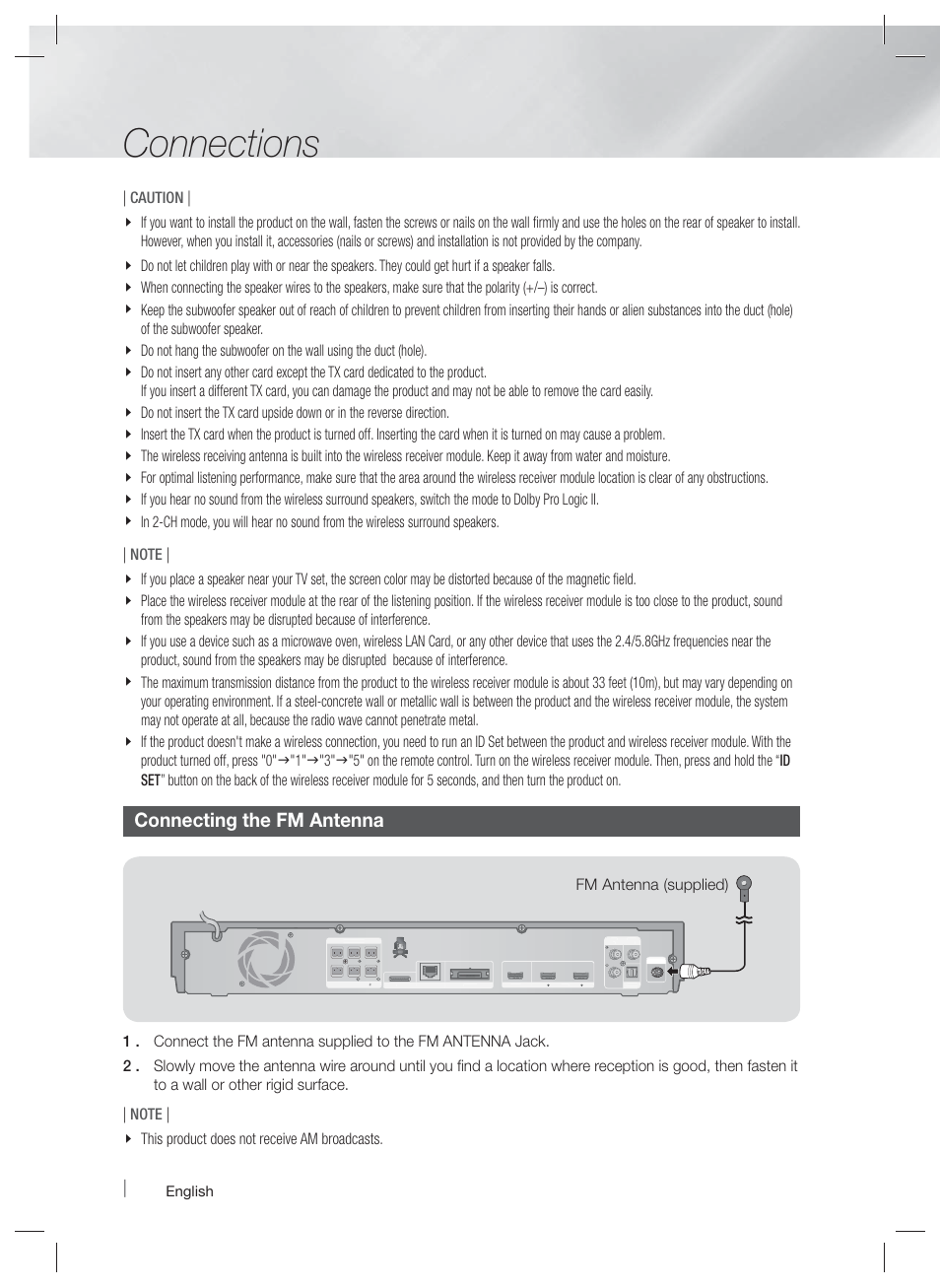 Connections, Connecting the fm antenna, English | Samsung HT-E6730W-ZA User Manual | Page 18 / 67