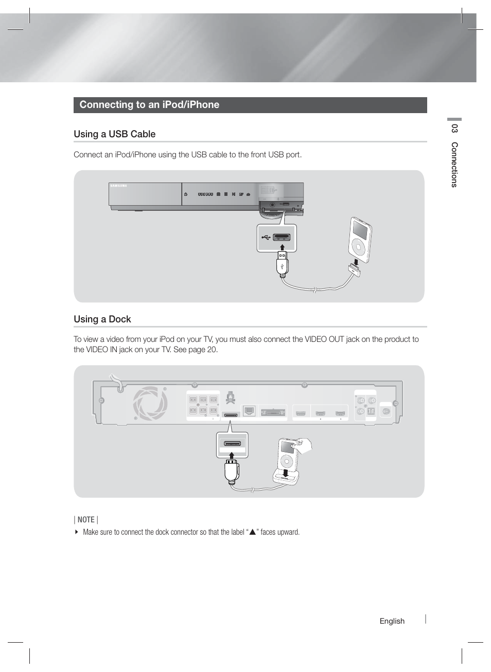 Connecting to an ipod/iphone, Using a usb cable, Using a dock | 03 connections, English | Samsung HT-E6730W-ZA User Manual | Page 19 / 67