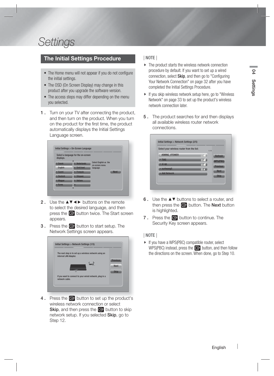 Settings, The initial settings procedure | Samsung HT-E6730W-ZA User Manual | Page 23 / 67