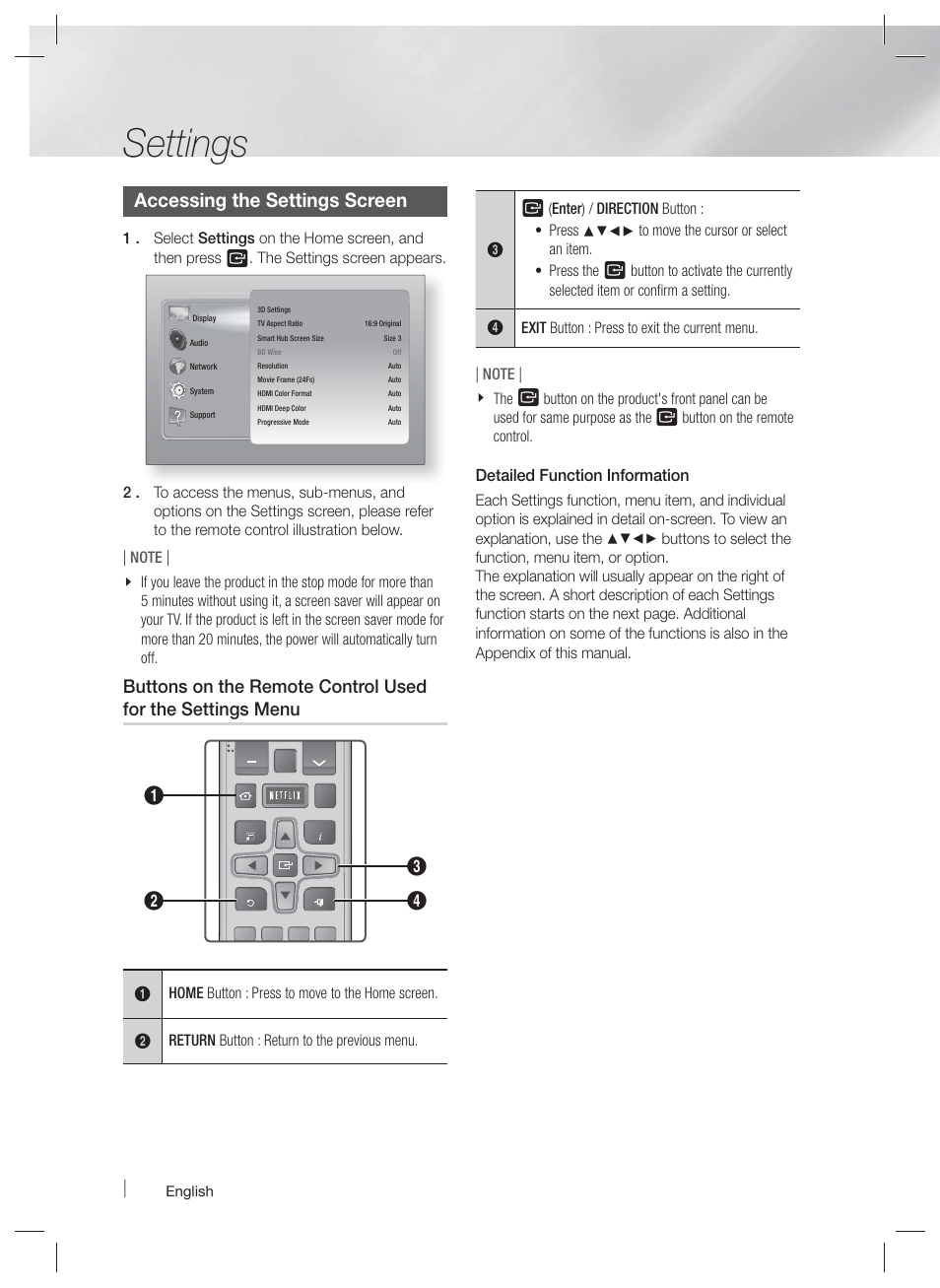 Settings, Accessing the settings screen, Detailed function information | Samsung HT-E6730W-ZA User Manual | Page 26 / 67