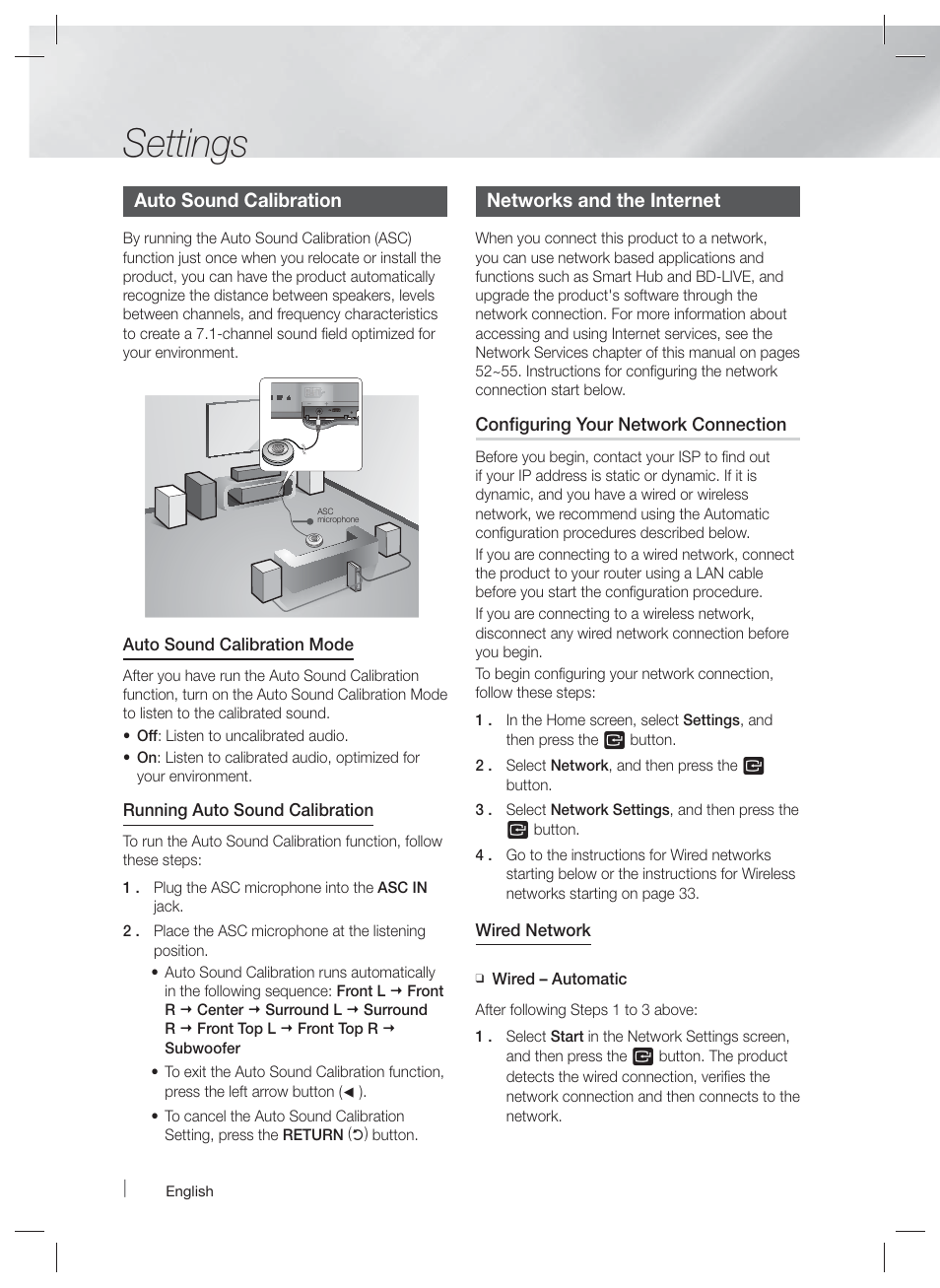 Settings, Auto sound calibration, Networks and the internet | Samsung HT-E6730W-ZA User Manual | Page 32 / 67