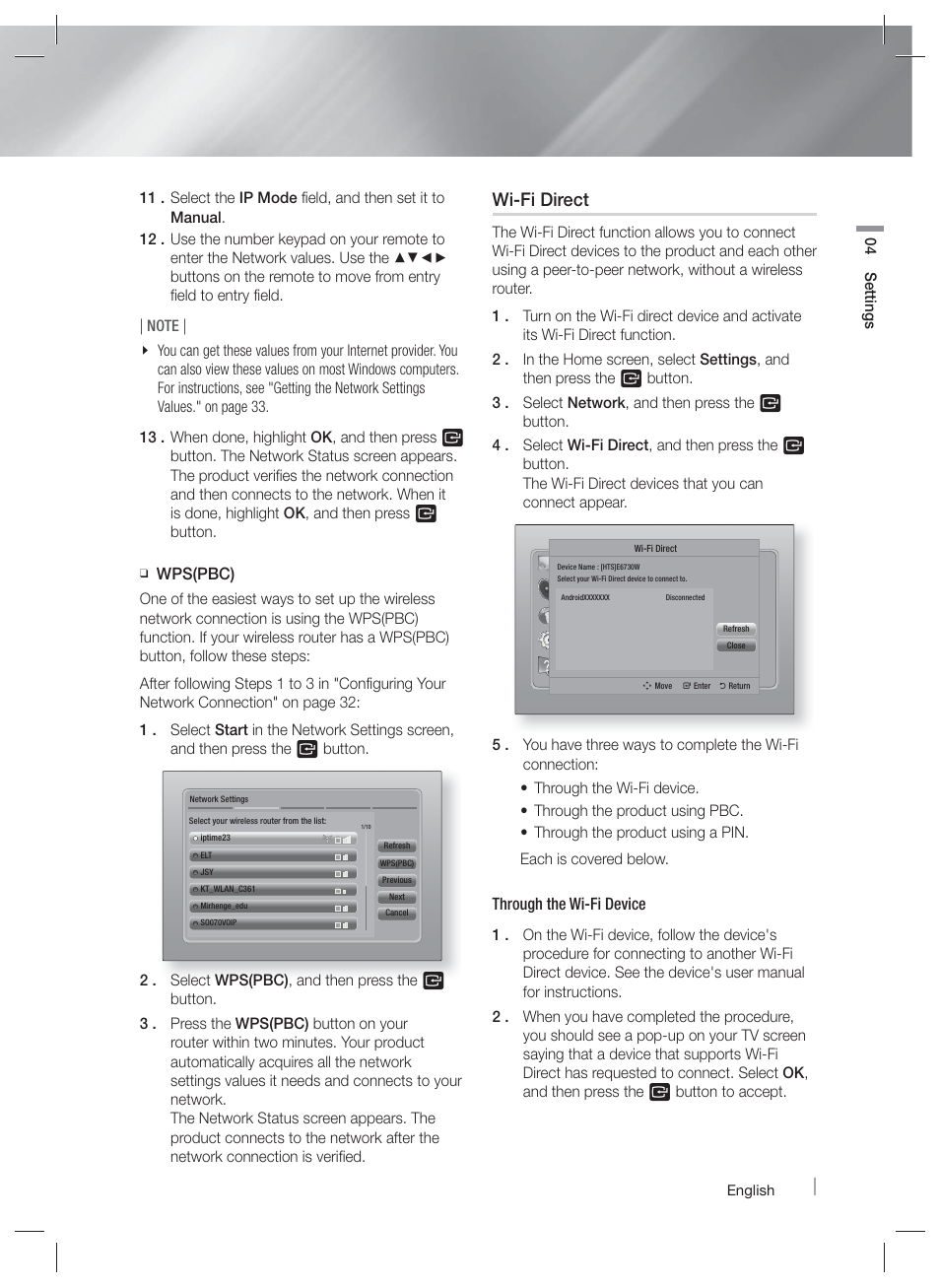 Wi-fi direct, Wps(pbc), Through the wi-fi device | Samsung HT-E6730W-ZA User Manual | Page 35 / 67