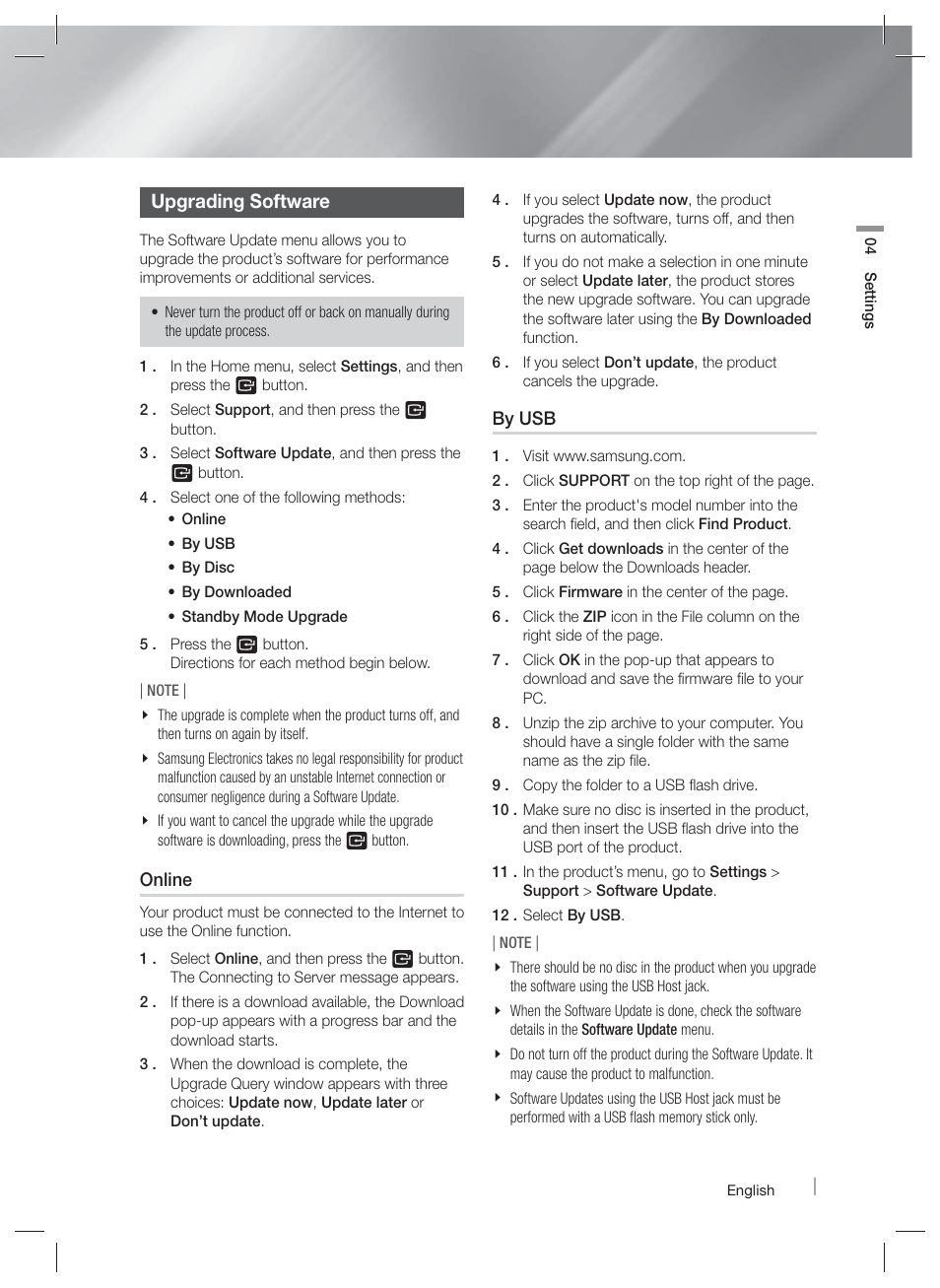 Upgrading software | Samsung HT-E6730W-ZA User Manual | Page 37 / 67