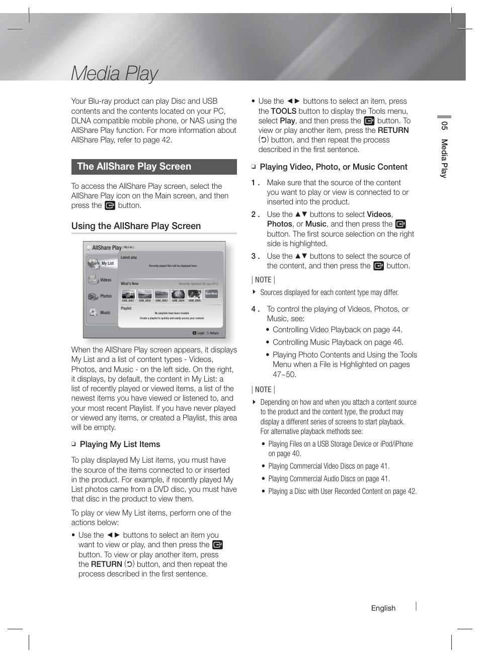 Media play, The allshare play screen, Using the allshare play screen | Samsung HT-E6730W-ZA User Manual | Page 39 / 67