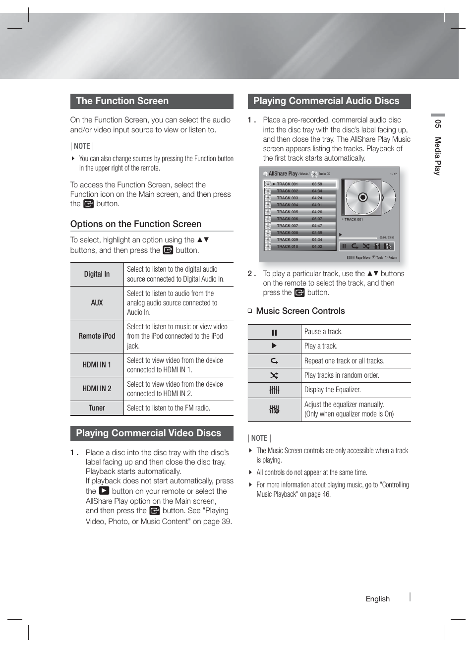 The function screen, Playing commercial video discs, Playing commercial audio discs | Options on the function screen, Music screen controls | Samsung HT-E6730W-ZA User Manual | Page 41 / 67