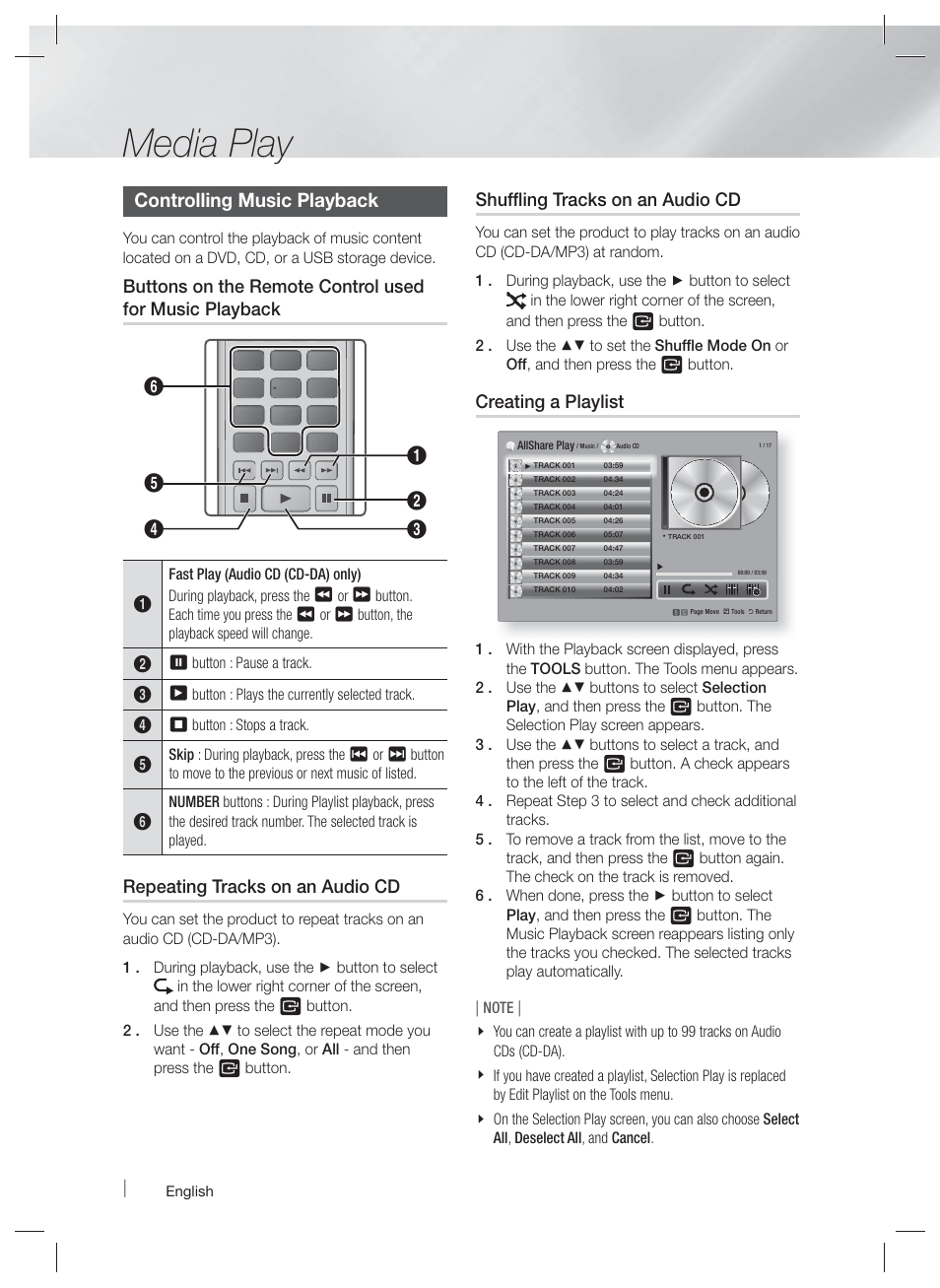 Media play, Controlling music playback, Repeating tracks on an audio cd | Shuffling tracks on an audio cd, Creating a playlist | Samsung HT-E6730W-ZA User Manual | Page 46 / 67