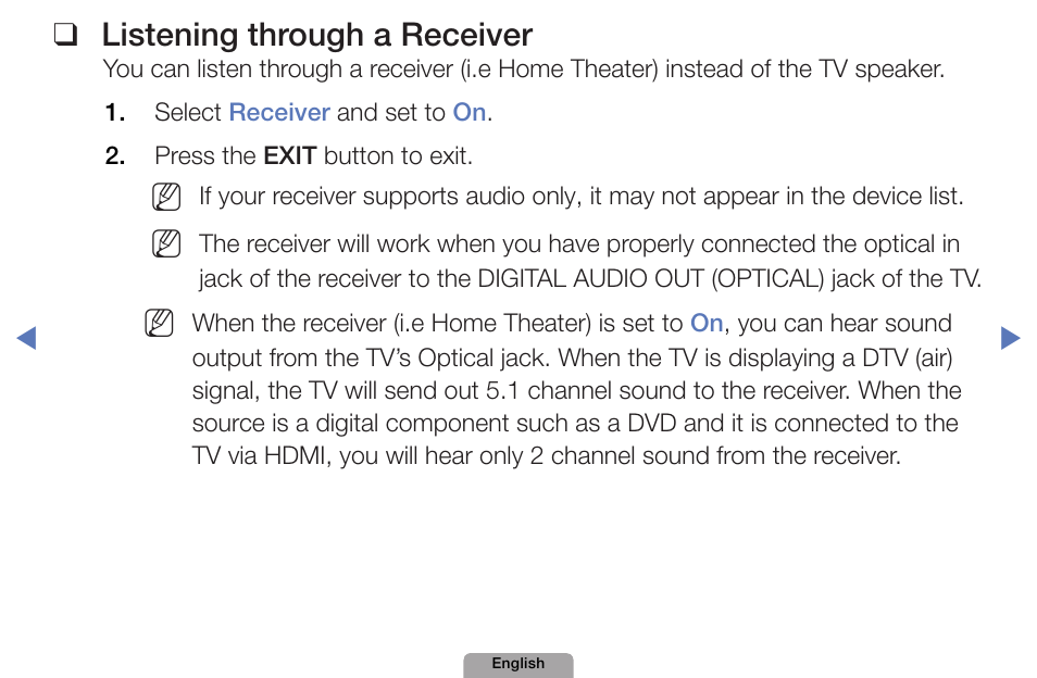 Listening❑through❑a❑receiver | Samsung UN32D4000NDXZA User Manual | Page 168 / 201