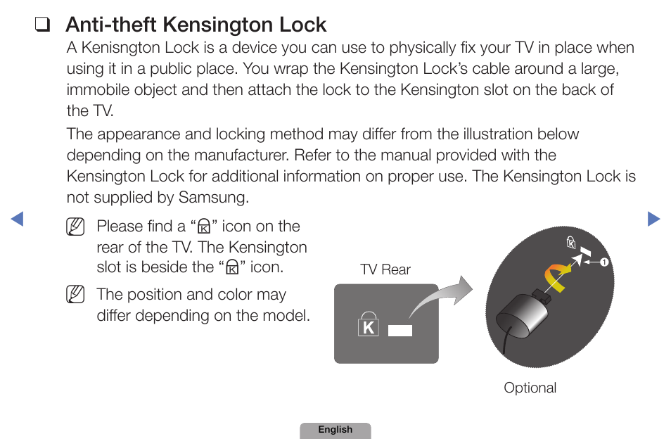 Anti-theft kensington lock, Anti-theft❑kensington❑lock | Samsung UN32D4000NDXZA User Manual | Page 198 / 201