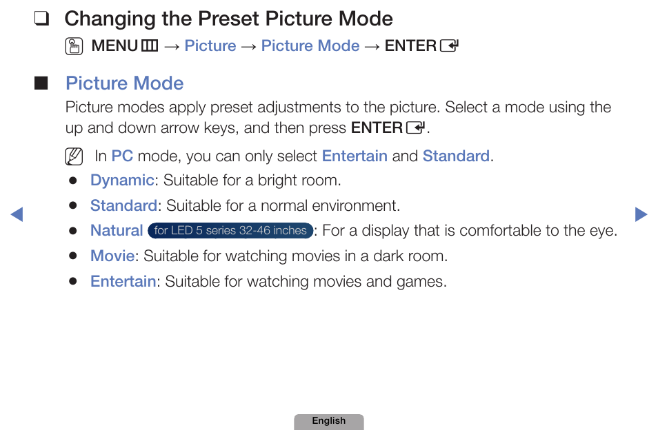 Picture menu, Changing❑the❑preset❑picture❑mode, Picture❑mode | Samsung UN32D4000NDXZA User Manual | Page 25 / 201