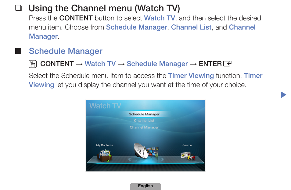 Using the channel menu (watch tv), Using❑the❑channel❑menu❑(watch❑tv), Schedule❑manager ❑ o | Watch tv | Samsung UN32D4000NDXZA User Manual | Page 3 / 201