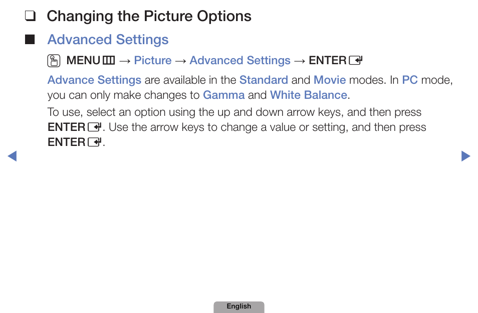 Changing❑the❑picture❑options, Advanced❑settings ❑ o | Samsung UN32D4000NDXZA User Manual | Page 36 / 201