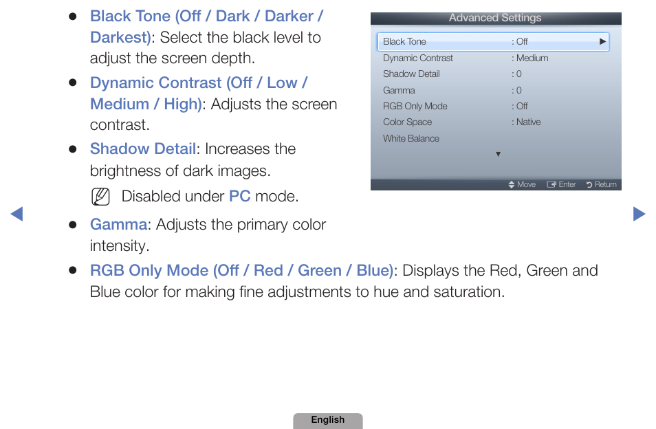 Disabled under pc mode, Gamma : adjusts the primary color intensity | Samsung UN32D4000NDXZA User Manual | Page 37 / 201