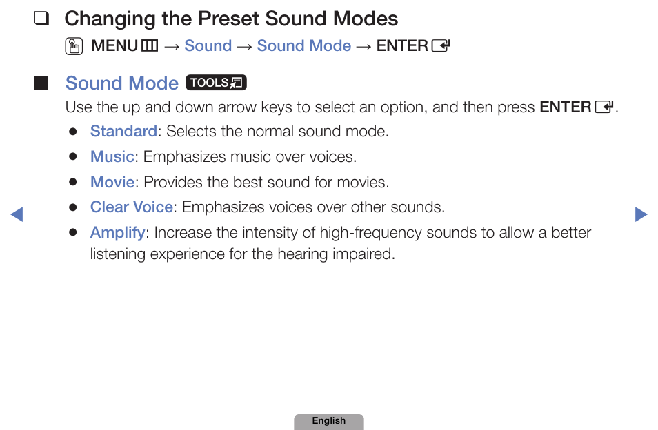 Sound menu, Changing❑the❑preset❑sound❑modes, Sound❑mode ❑ t | Samsung UN32D4000NDXZA User Manual | Page 43 / 201