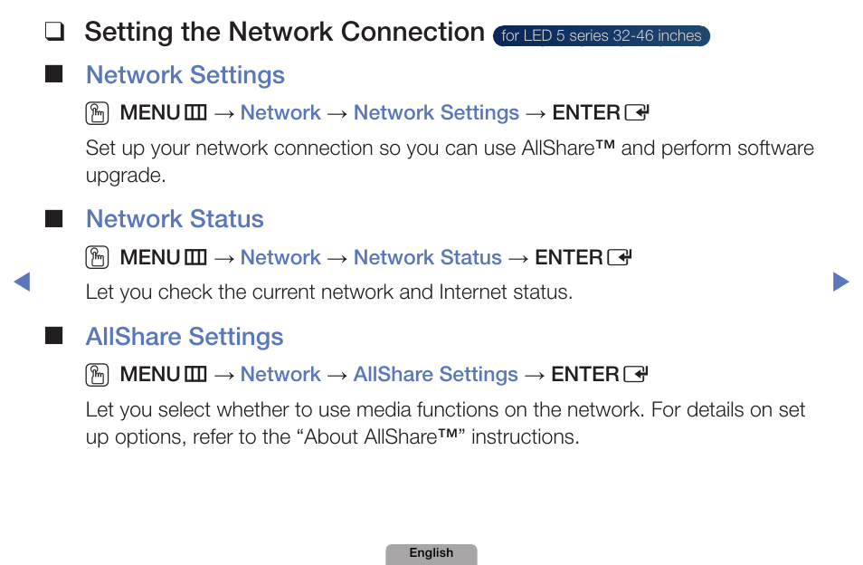 Network, For led 5 series 32-46 inches, Setting❑the❑network❑connection | Network❑settings❑ ❑ o, Network❑status❑ ❑ o, Allshare❑settings ❑ o | Samsung UN32D4000NDXZA User Manual | Page 52 / 201