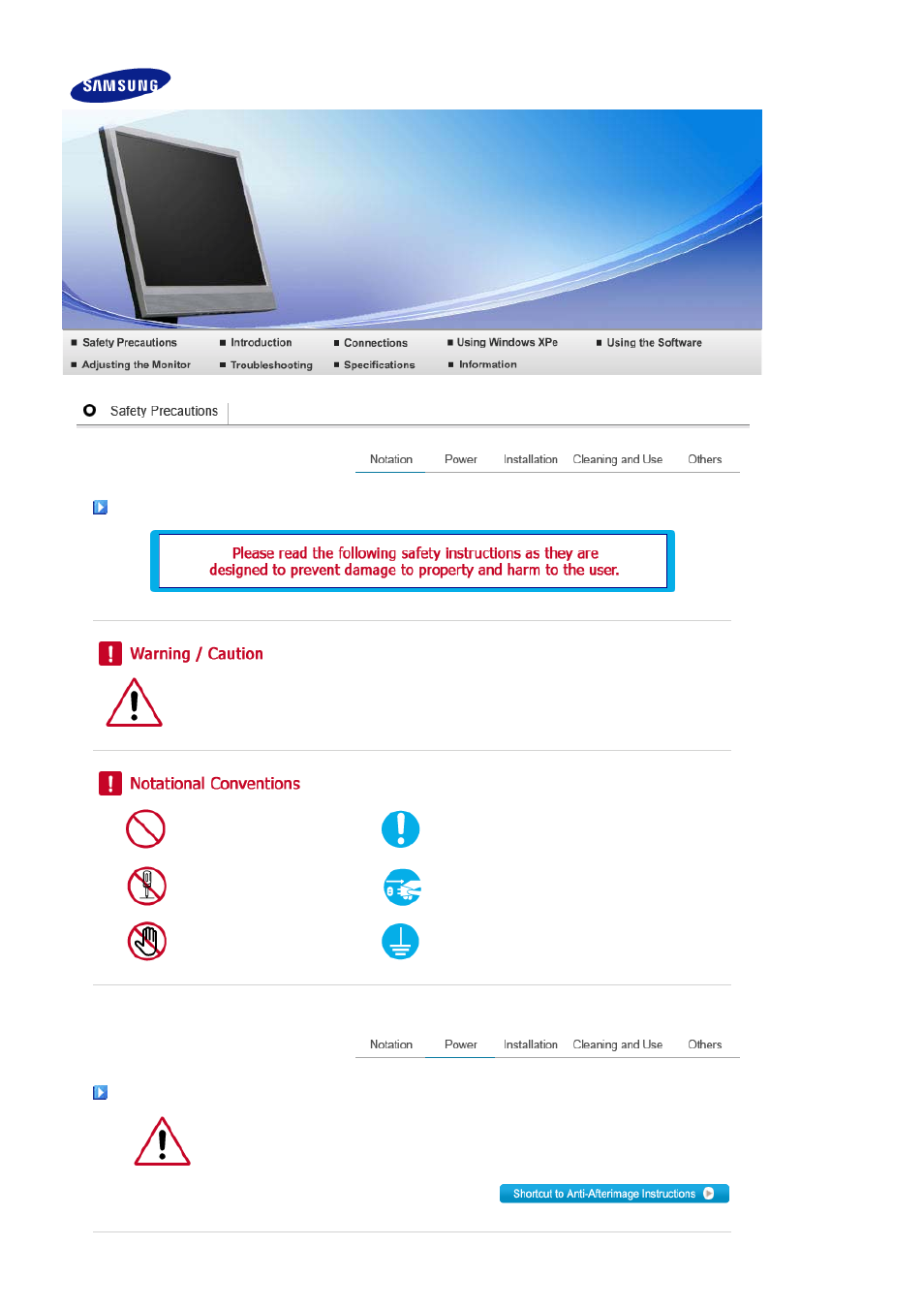 Safety precautions, Notation, Power | Samsung LS17TRTLSY-XAA User Manual | Page 2 / 78