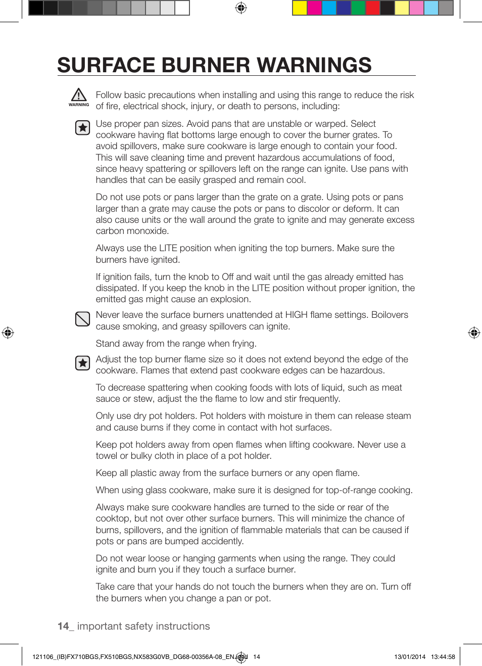 Surface burner warnings | Samsung FX510BGS-XAA User Manual | Page 14 / 80