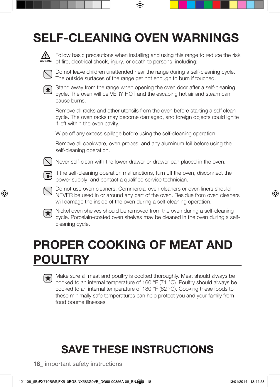 Self-cleaning oven warnings, Proper cooking of meat and poultry, Save these instructions | Samsung FX510BGS-XAA User Manual | Page 18 / 80