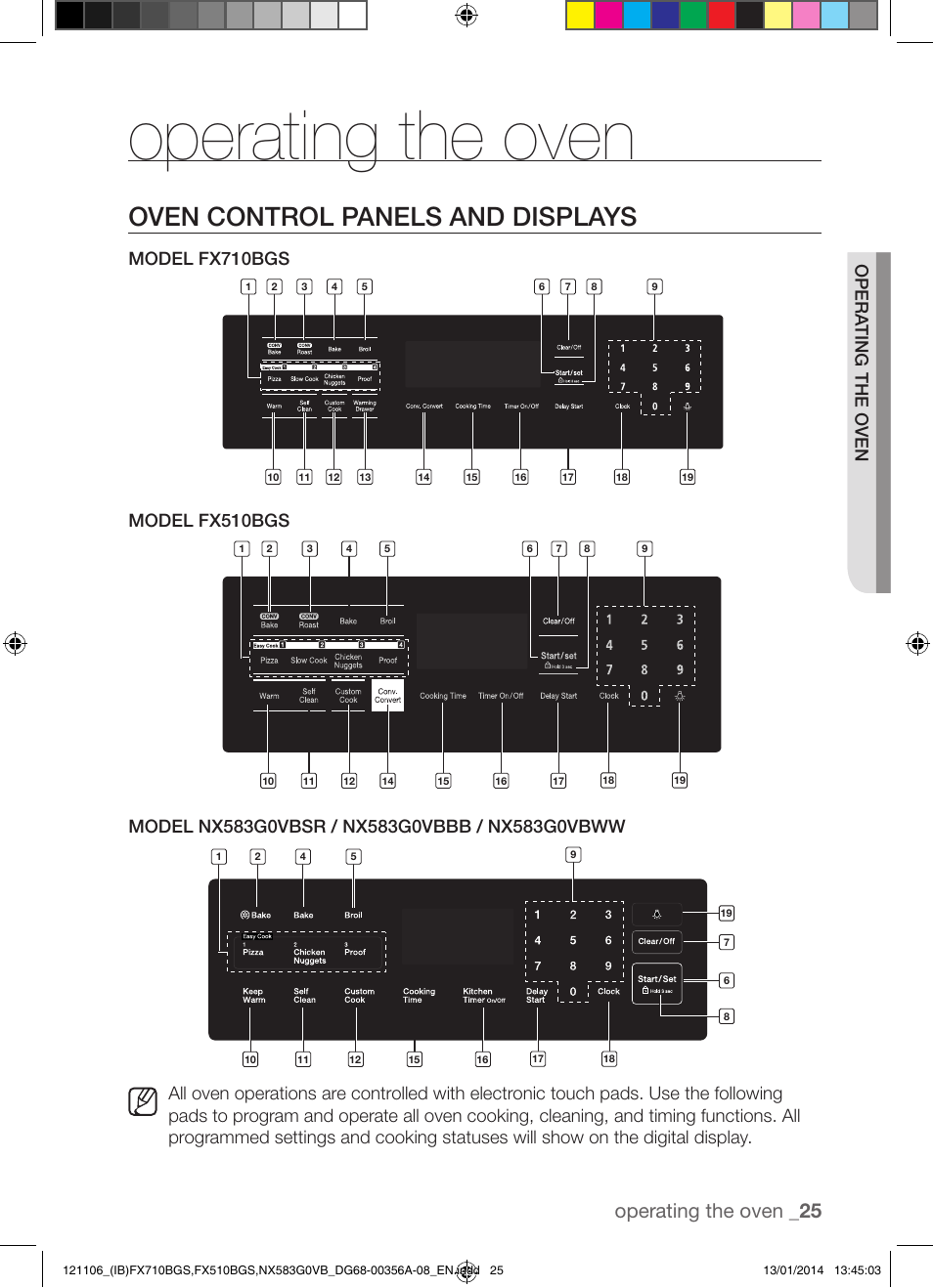 Operating the oven, Oven control panels and displays, Operating the oven _ 25 | Samsung FX510BGS-XAA User Manual | Page 25 / 80