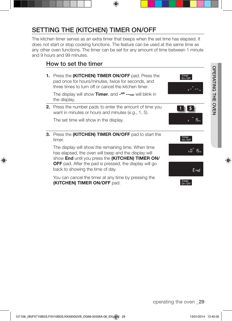Setting the (kitchen) timer on/off, How to set the timer | Samsung FX510BGS-XAA User Manual | Page 29 / 80