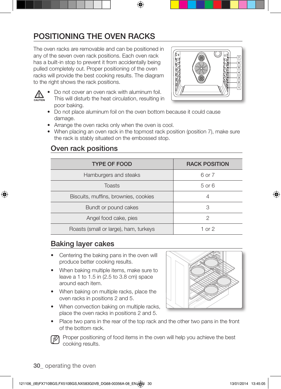 Positioning the oven racks, Oven rack positions, Baking layer cakes | Samsung FX510BGS-XAA User Manual | Page 30 / 80
