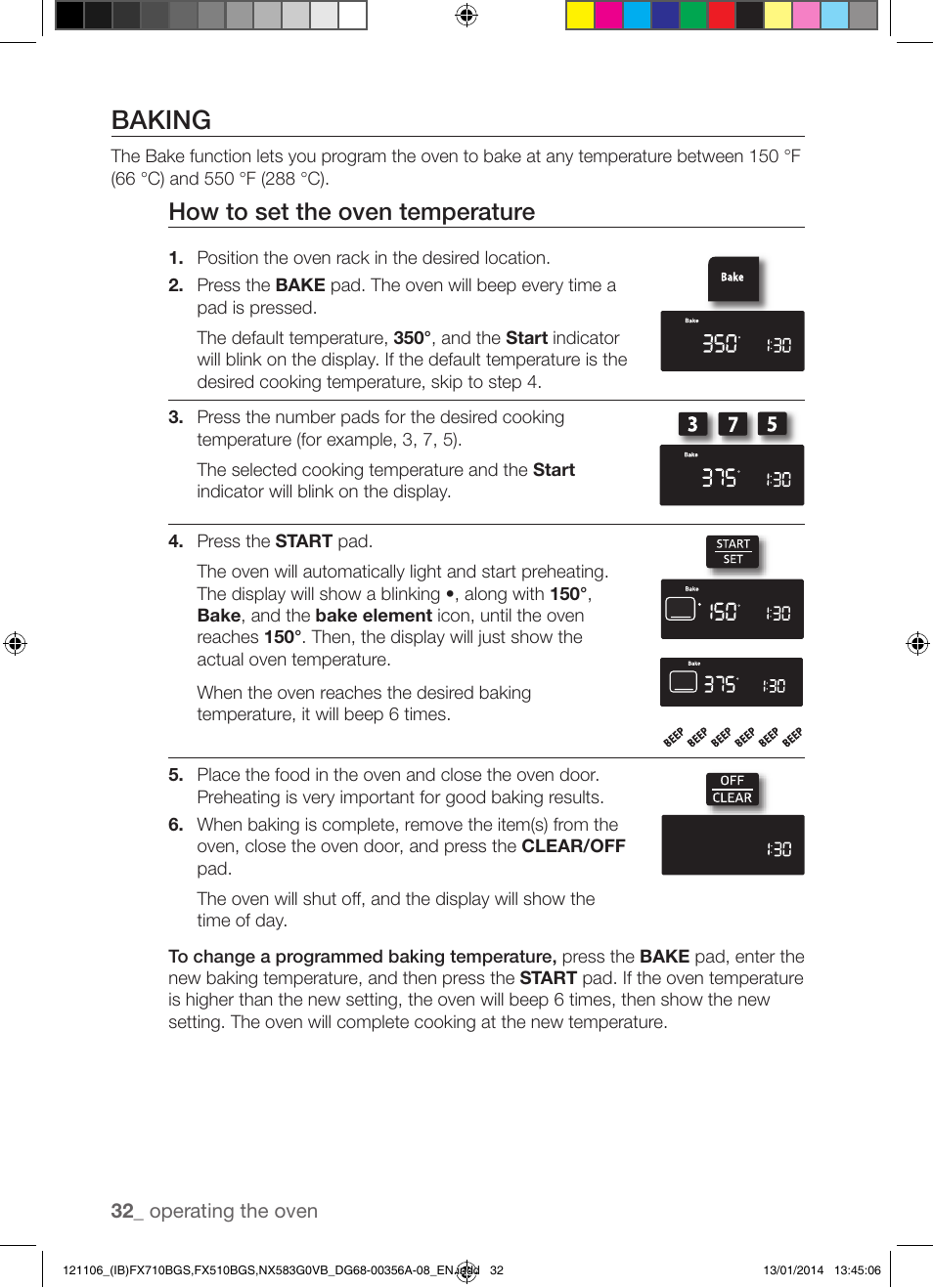 Baking, How to set the oven temperature | Samsung FX510BGS-XAA User Manual | Page 32 / 80