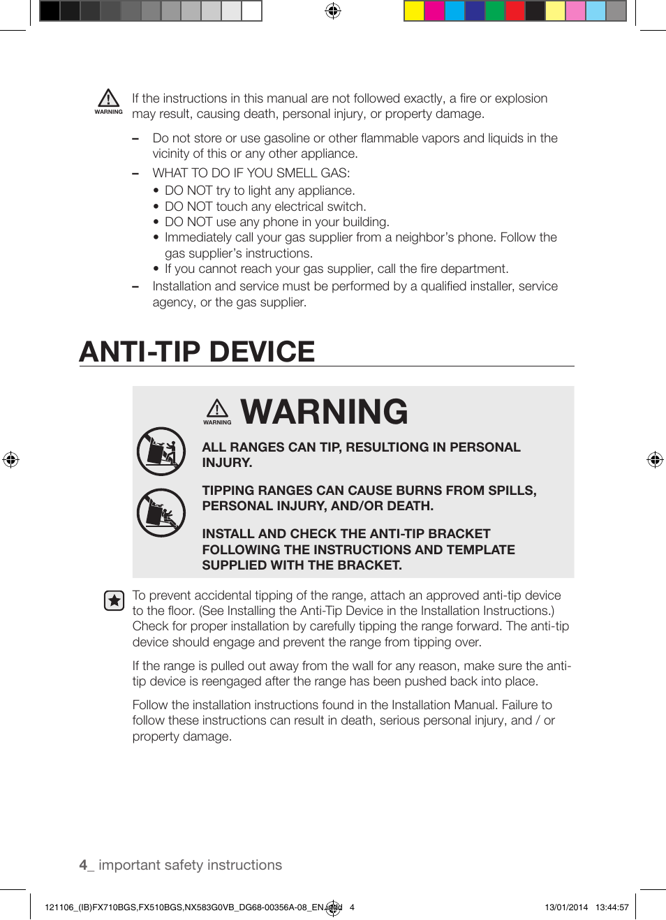 Warning, Anti-tip device | Samsung FX510BGS-XAA User Manual | Page 4 / 80