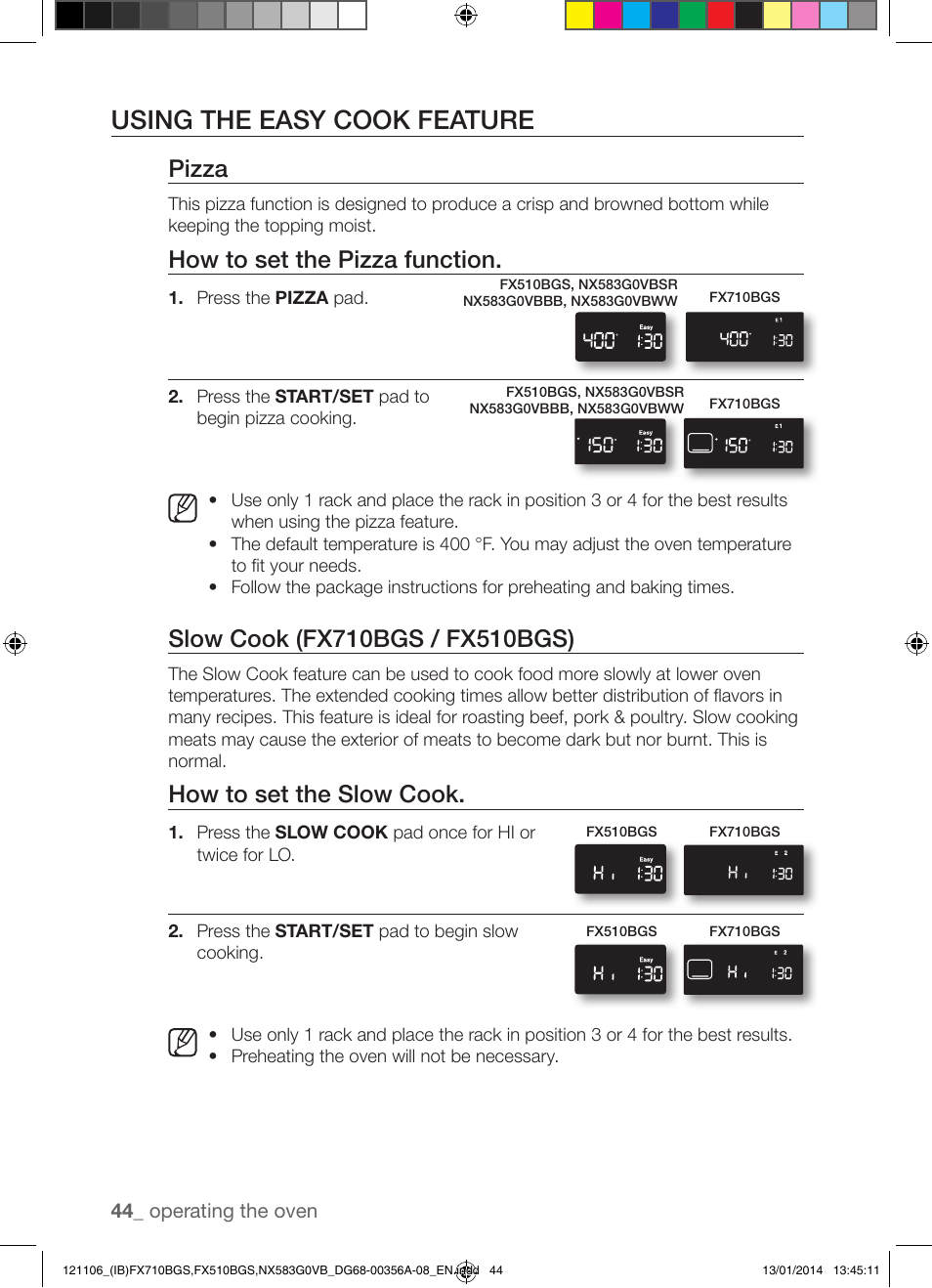 Using the easy cook feature, Pizza, How to set the pizza function | How to set the slow cook | Samsung FX510BGS-XAA User Manual | Page 44 / 80